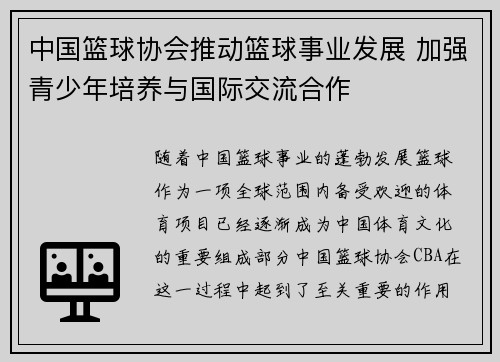 中国篮球协会推动篮球事业发展 加强青少年培养与国际交流合作