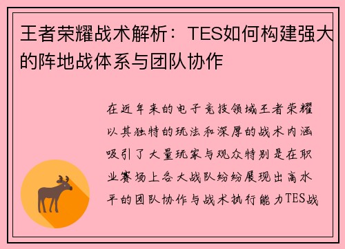 王者荣耀战术解析：TES如何构建强大的阵地战体系与团队协作